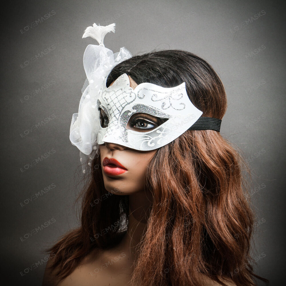 Flower Venetian Carnival Feather Masquerade Mask for Women - White Silver - Picture 3 of 5